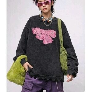 Aelfric Eden oversized patched grey Sweater Pink Bow Distressed size M